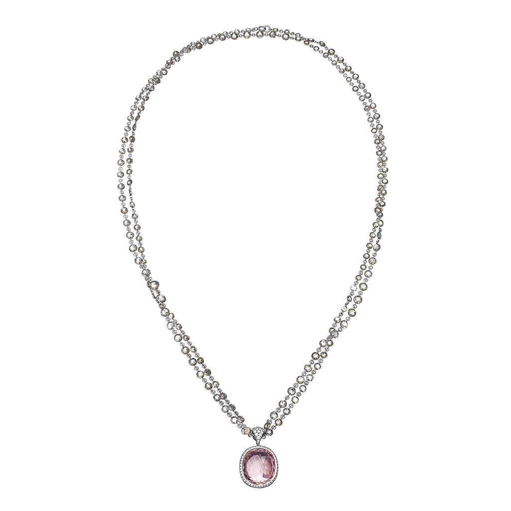 Pendant Platinum with a Pink Tourmaline with White Diamonds (incl. Necklace with Champagne Diamonds)