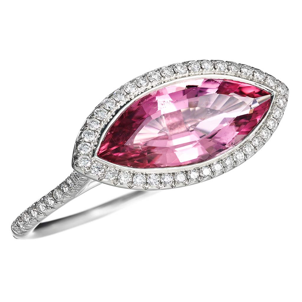Ring Palladium with a Pink Tourmaline 3.36ct. and White Diamonds