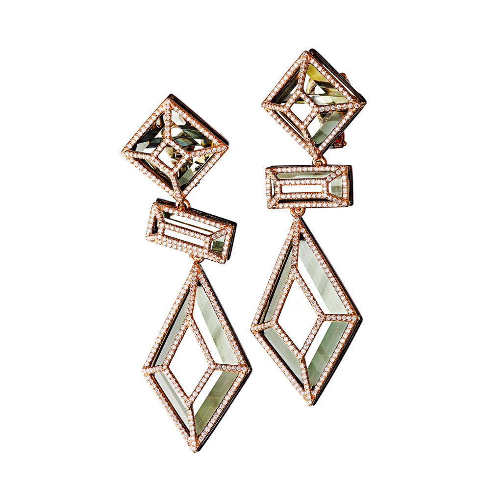 Earrings Pink Gold with White Diamonds and Green Amethysts