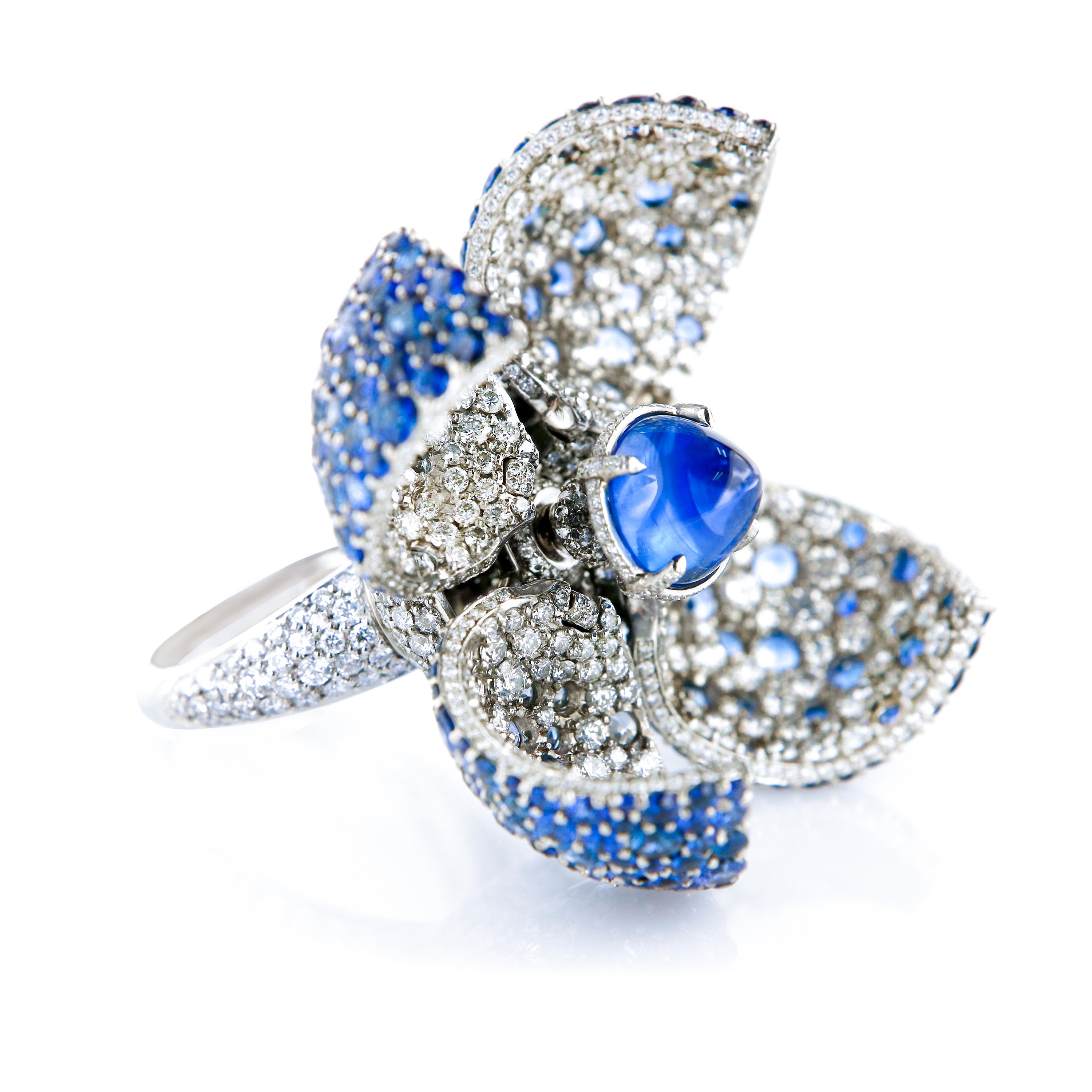 Ring "Blue Mangosteen"  White Gold with White Diamonds and Blue Sapphires