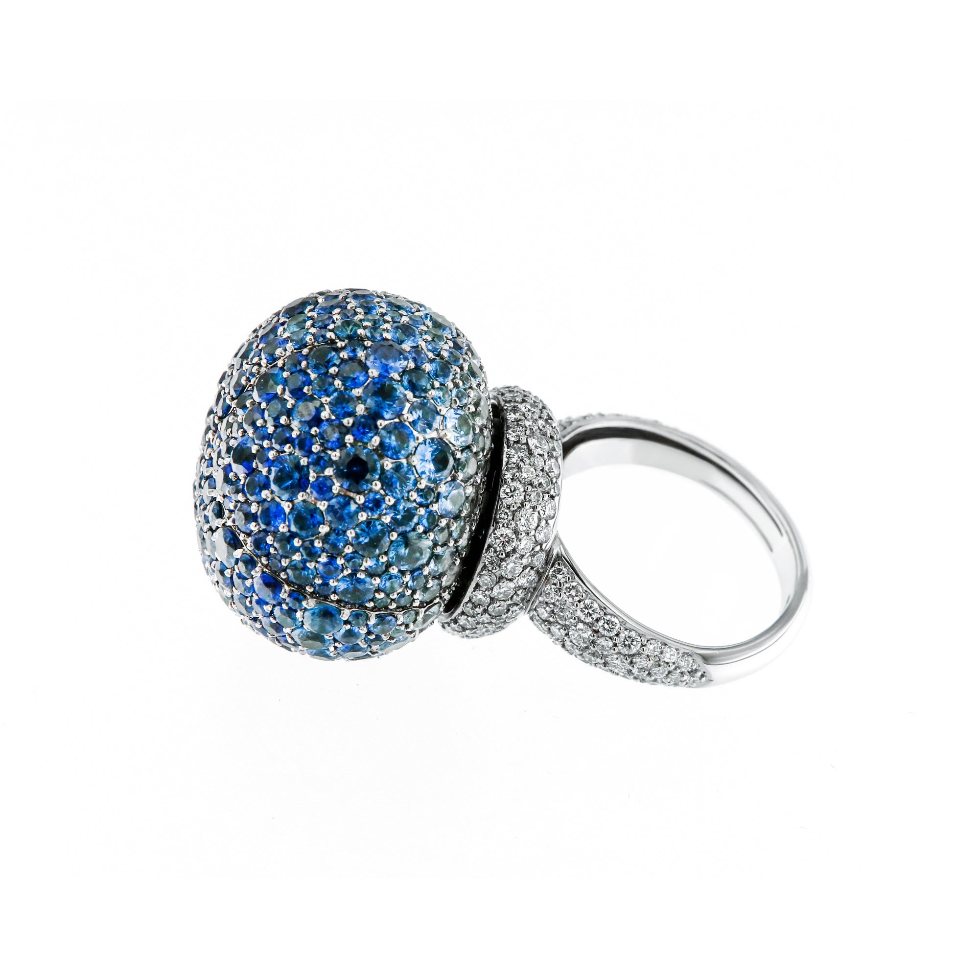 Ring "Blue Mangosteen"  White Gold with White Diamonds and Blue Sapphires