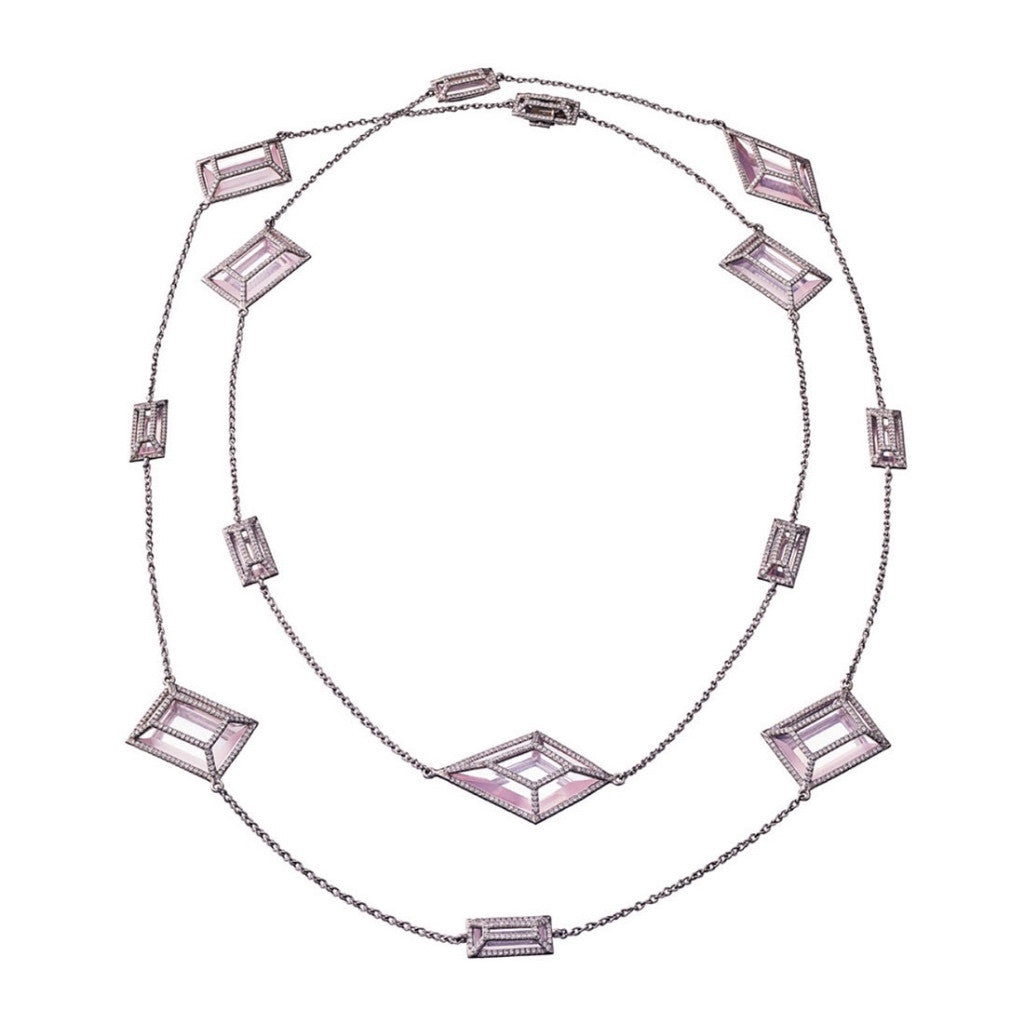 Necklace Palladium with White Diamonds and Rosequarz