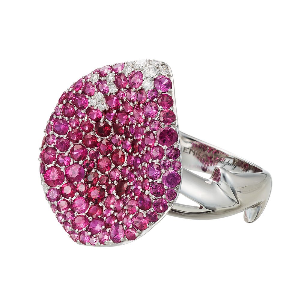 Ring "Mariandl Rose" White Gold with Rubies and White Diamonds