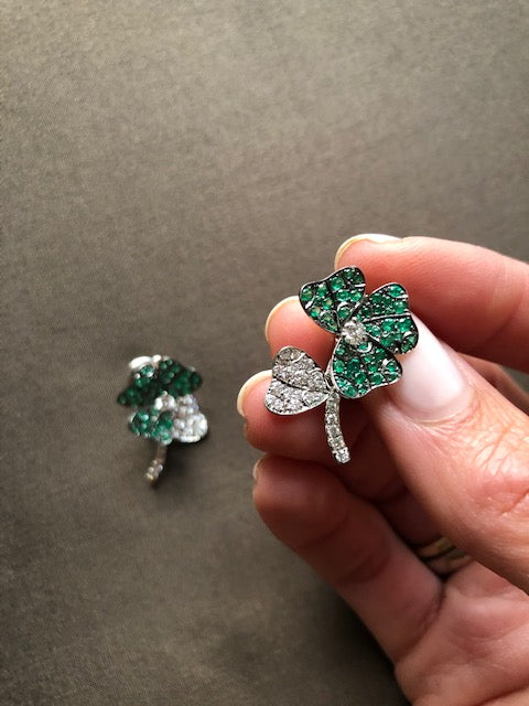 Earrings Platinum with White Diamonds and Emeralds