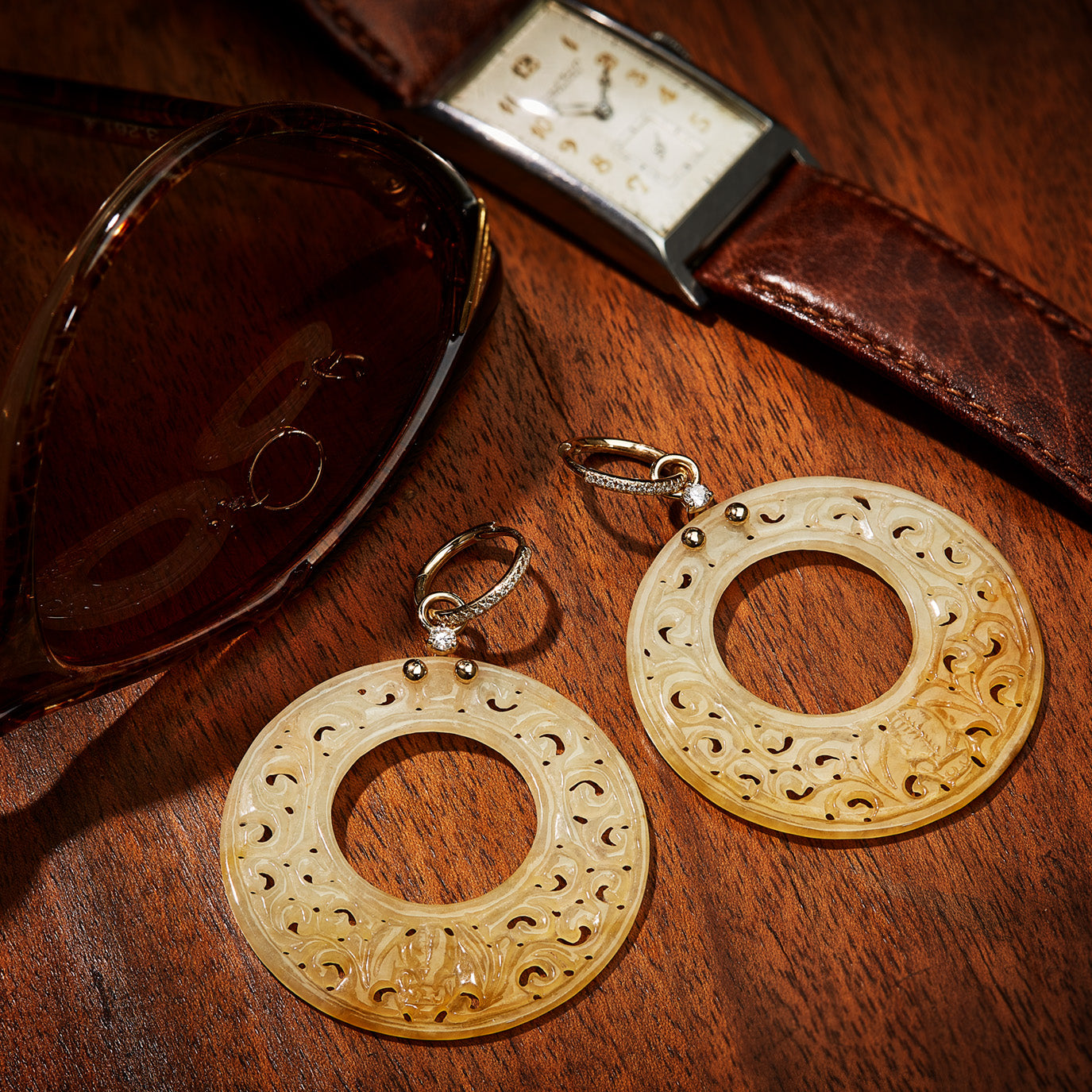 Earrings Jade Yellow Gold with White Diamonds