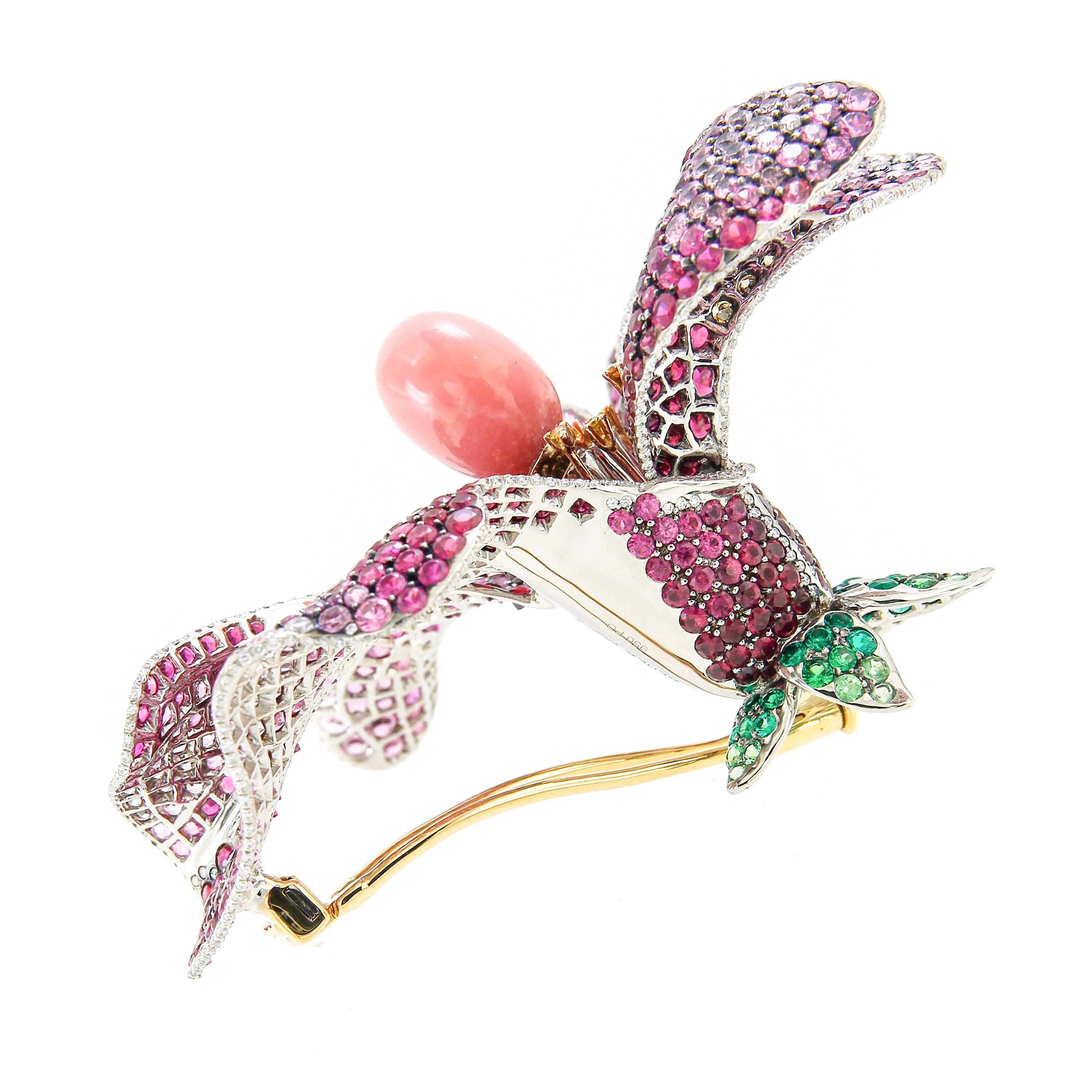 Brooch "Lilly" Yellow Gold and Palladium with Diamonds and Rubies and a Conch Pearl