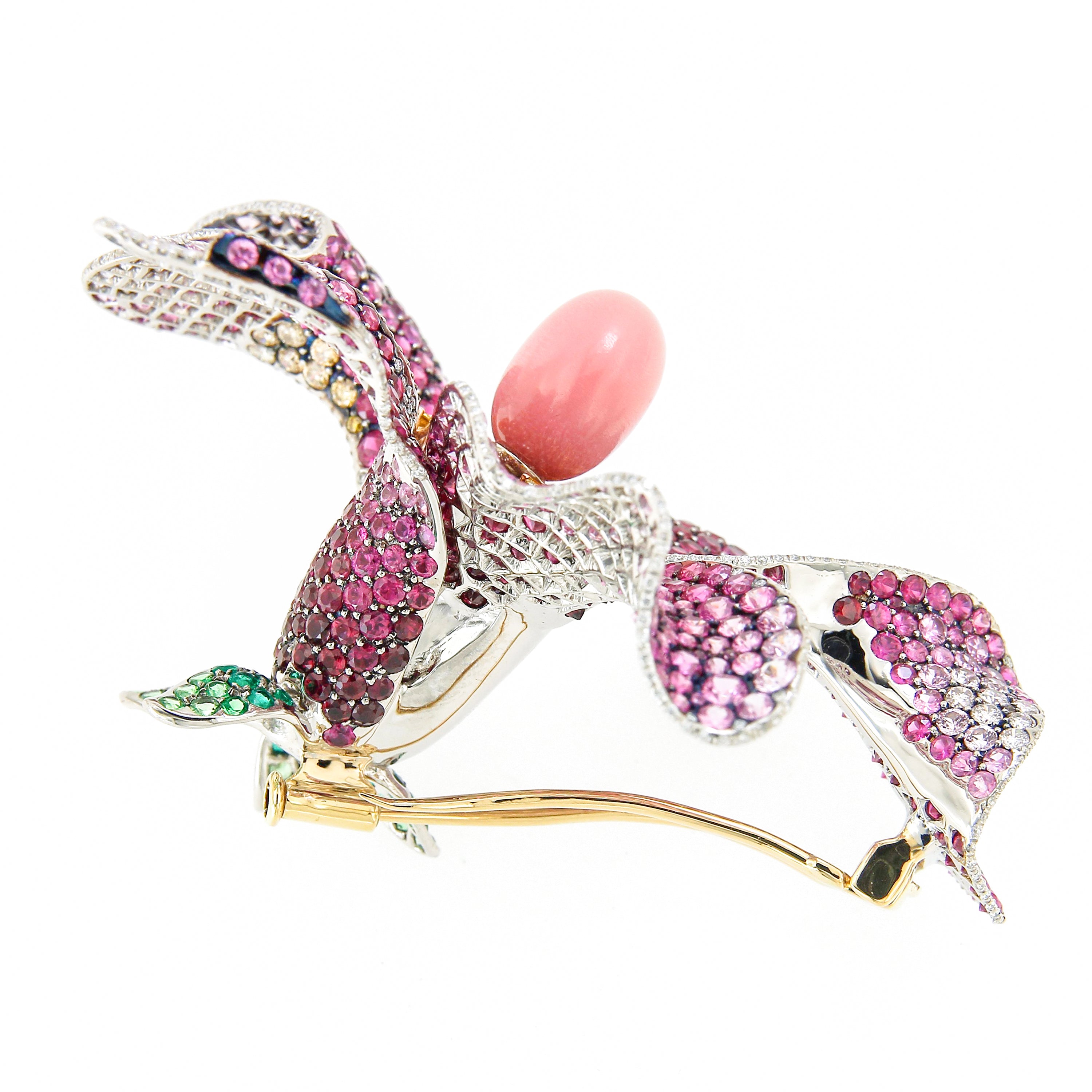 Brooch "Lilly" Yellow Gold and Palladium with Diamonds and Rubies and a Conch Pearl