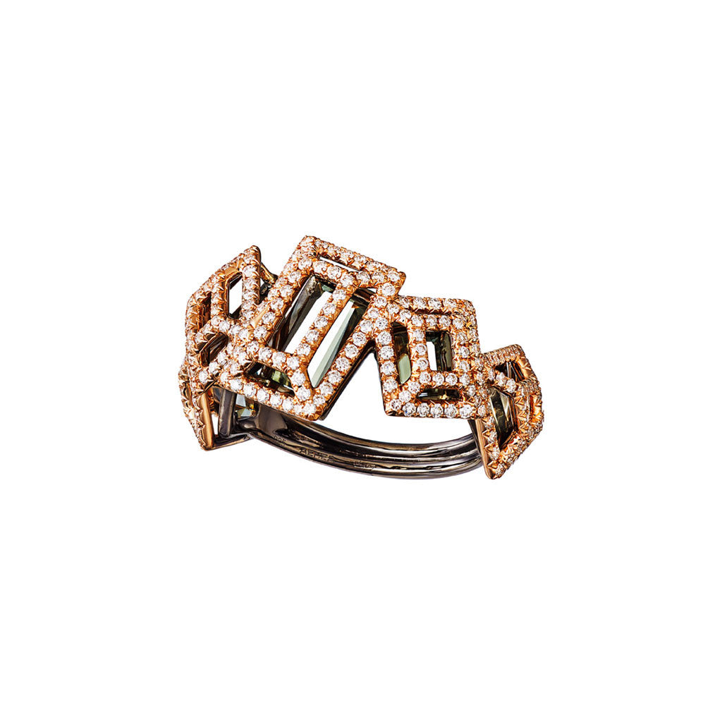 Ring Pink Gold with White Diamonds and Green Amethysts