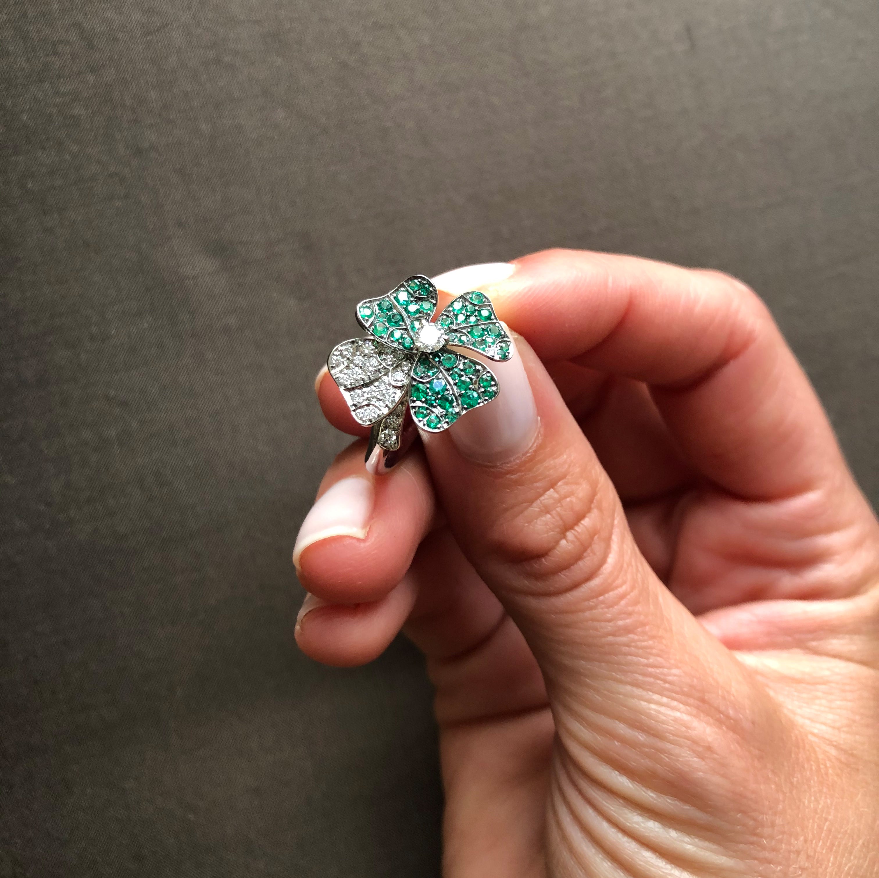 Ring Palladium with White Diamonds and Emeralds