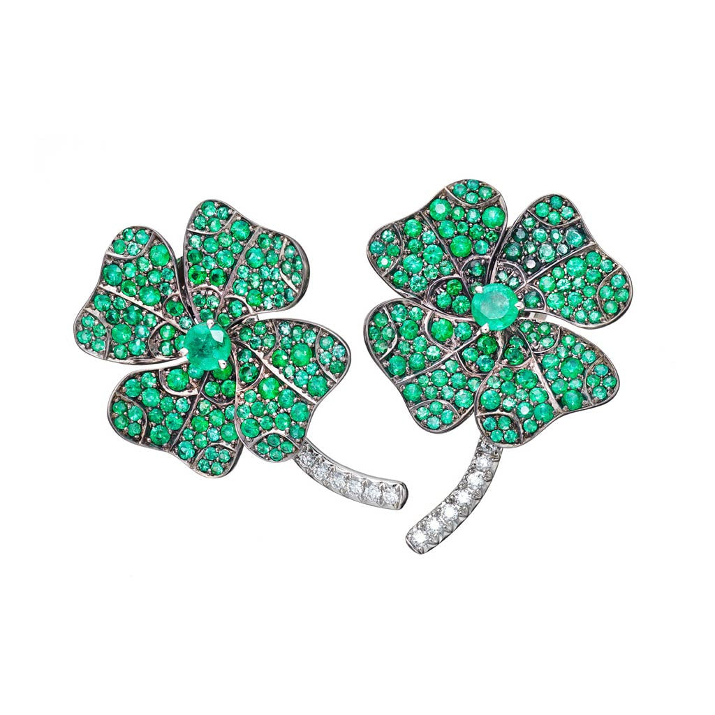 AENEA QUADRIFOGLIO Collection Earrings Platinum and Rhodium-plated Sterling Silver with White Diamonds and Emeralds