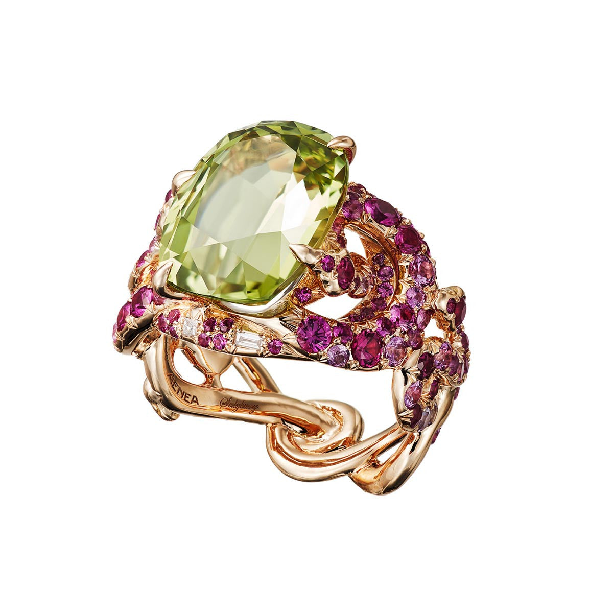 Ring "4 Snakes" Pink Gold with a Green Chrysoberyll, Pink Sapphires and White Diamonds