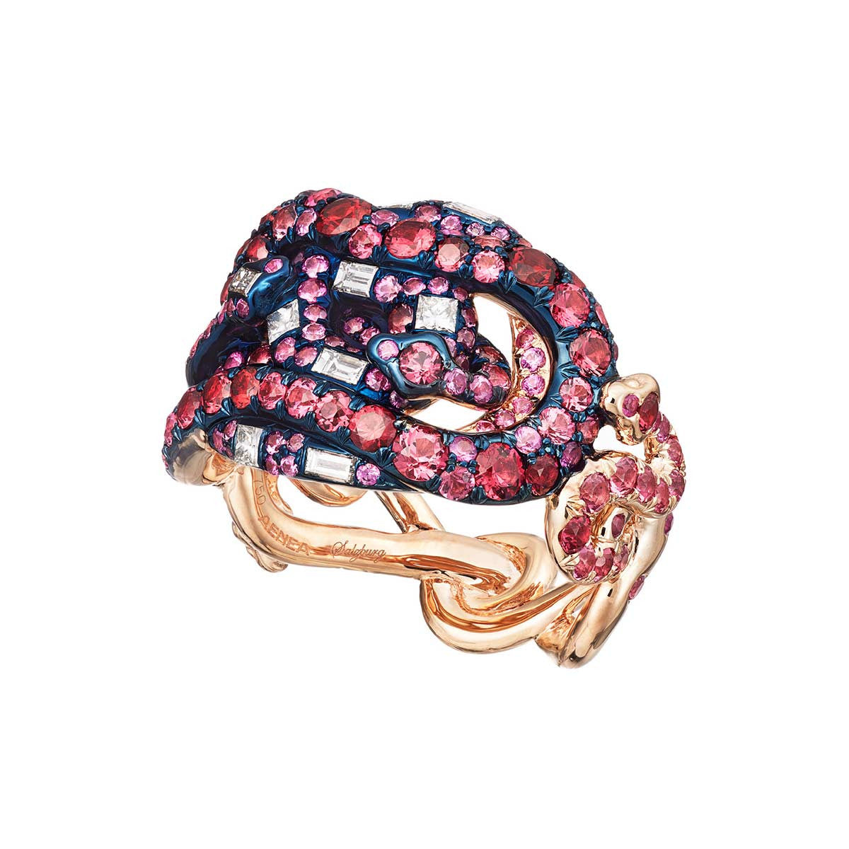 Ring "4 Snakes" Pink Gold with Red Spinels, Pink Sapphires and White Diamonds