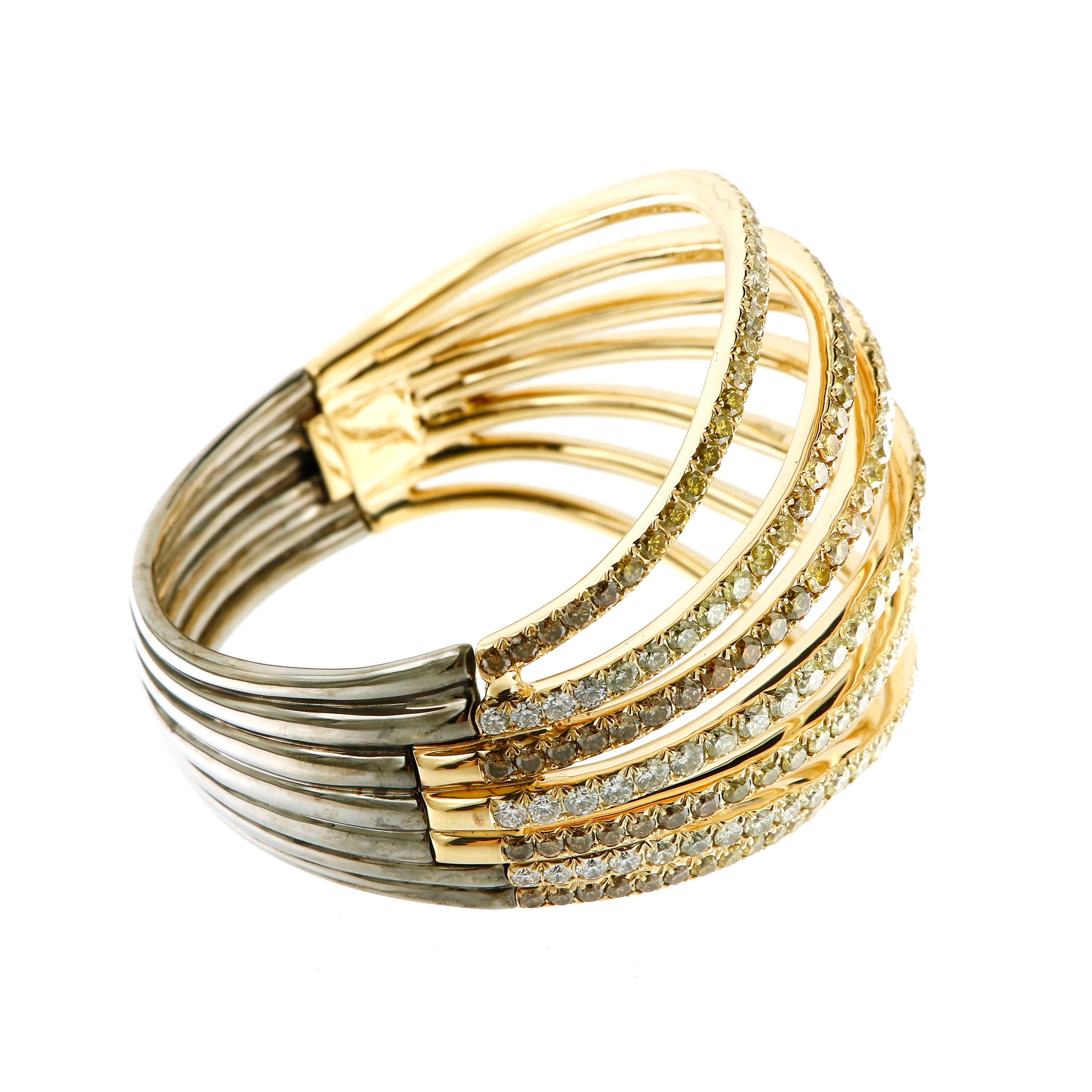 Bangle Yellow Gold and Rhodium-plated Sterling Silver with Yellow, Brown and White Diamonds