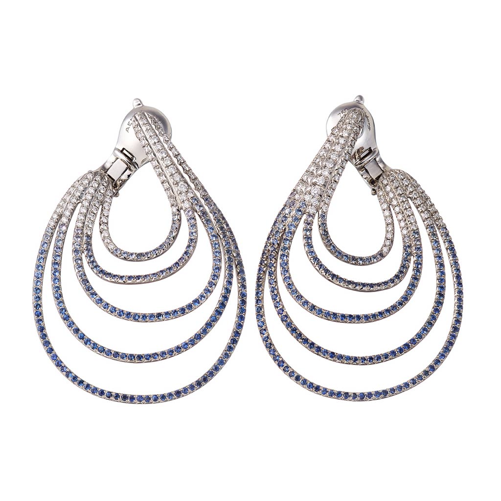 AENEA WAVE Collection Earrings Palladium with White Diamonds and Blue Sapphires