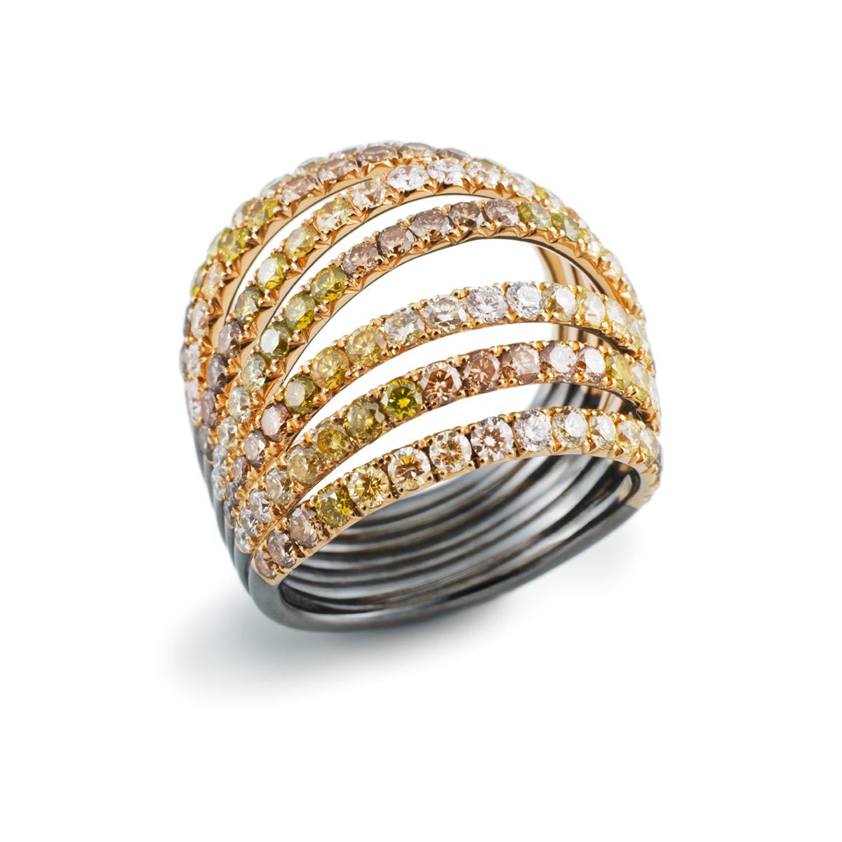 AENEA WAVE Collection Ring Yellow Gold with White, Brown and Yellow Diamonds