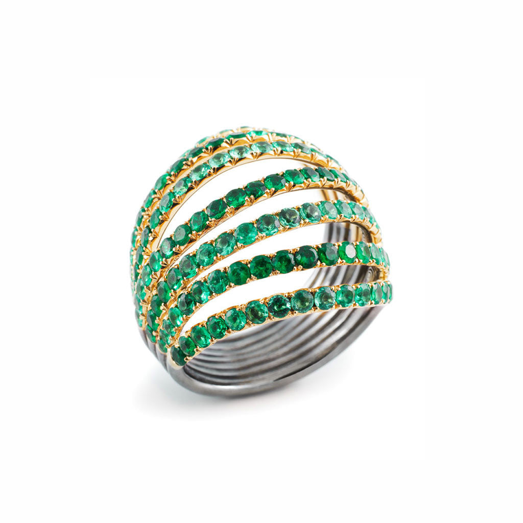 AENEA WAVE Collection Ring Yellow Gold and Sterling Silver with Emeralds