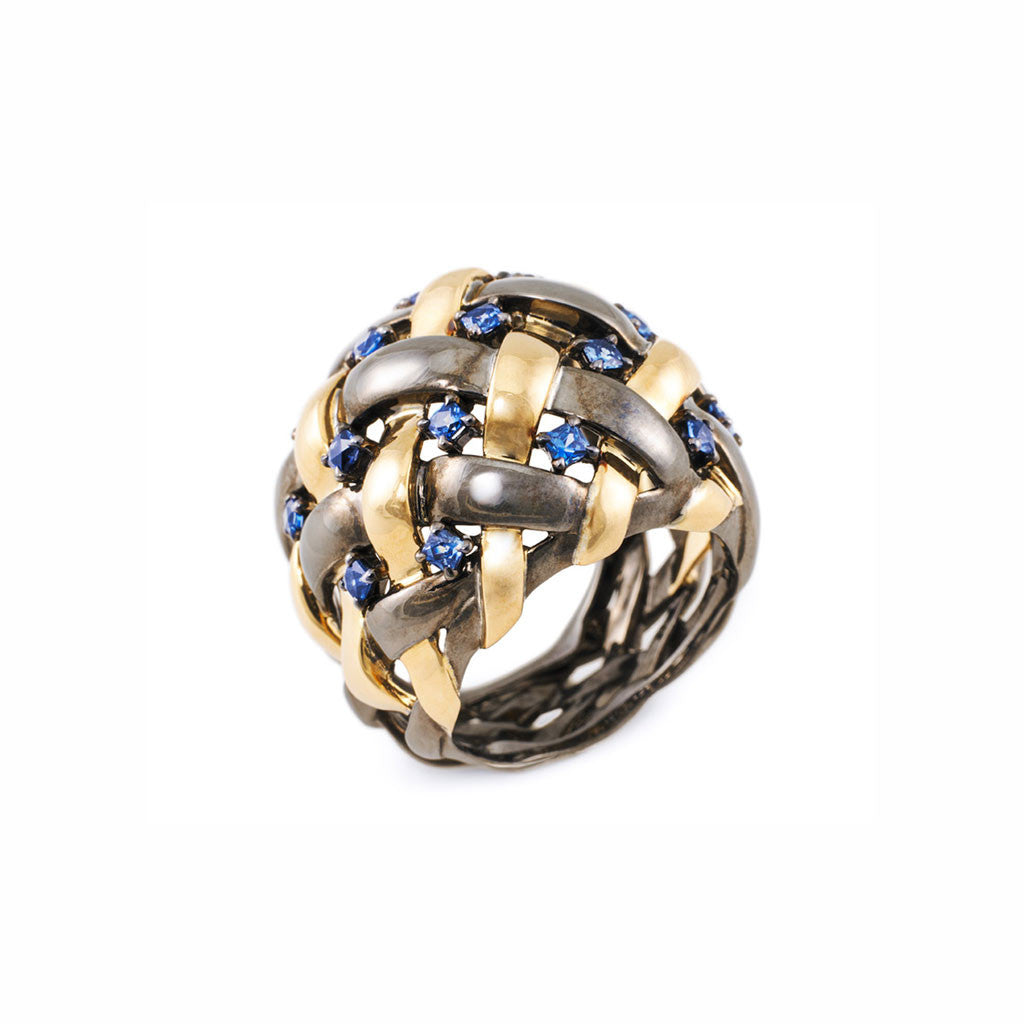 AENEA WEB Collection Ring Yellow Gold , Sterling Silver, Black Rhodium and Blue Sapphires