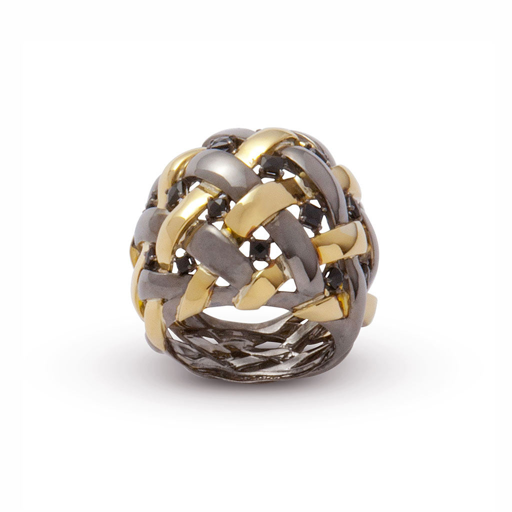 AENEA WEB Collection Ring Yellow Gold , Sterling Silver, Black Rhodium and Black Spinel 