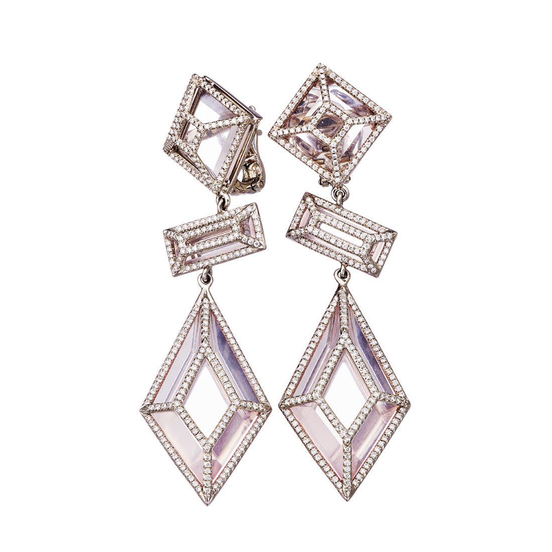 Earrings Palladium with White Diamonds and Rosequarz