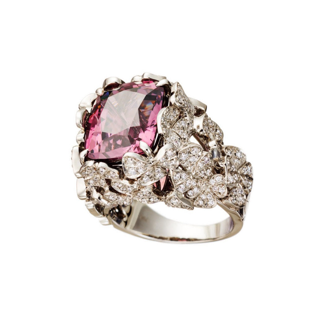 AENEA Quadrifoglio Collection Ring Palladium with Pink Spinel and Diamonds