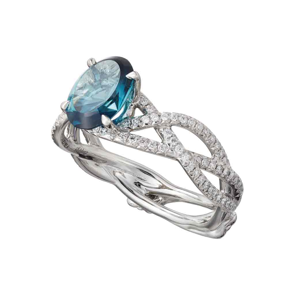 Ring "3 Snakes" Platinum with an oval Blue Tourmaline and White Diamonds
