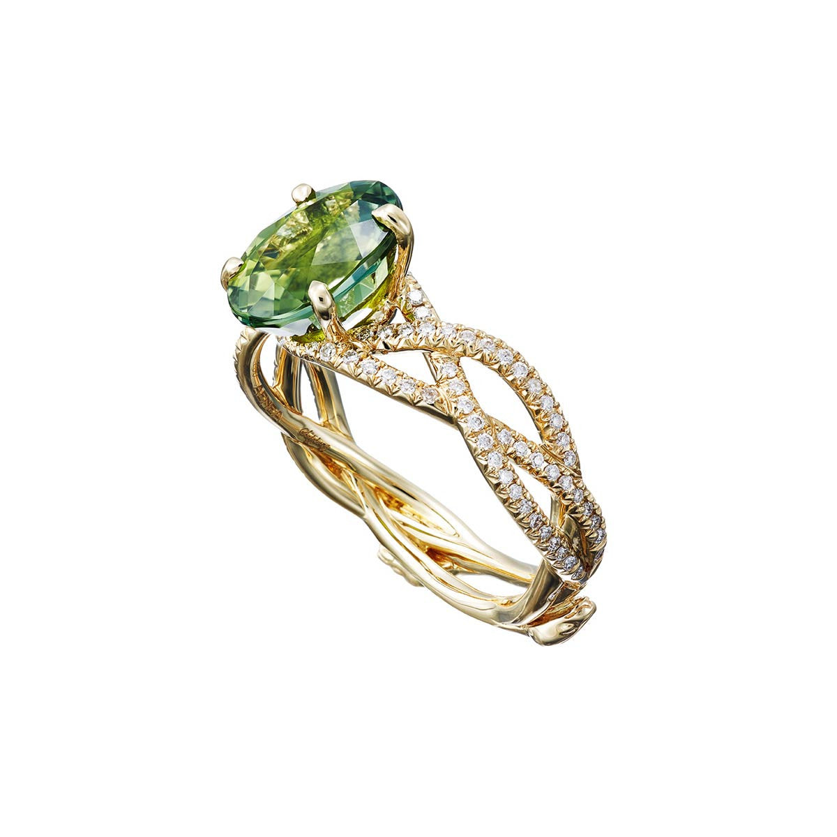 Ring "3 Snakes" Yellow Gold with White Diamonds and a Green Tourmaline 4,25ct.