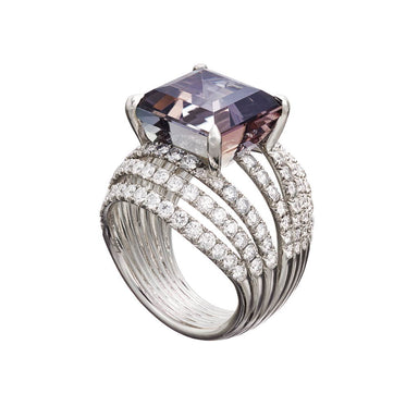 AENEA WAVE Collection Ring White Gold and Sterling Silver with White Diamonds and Tanzanite 