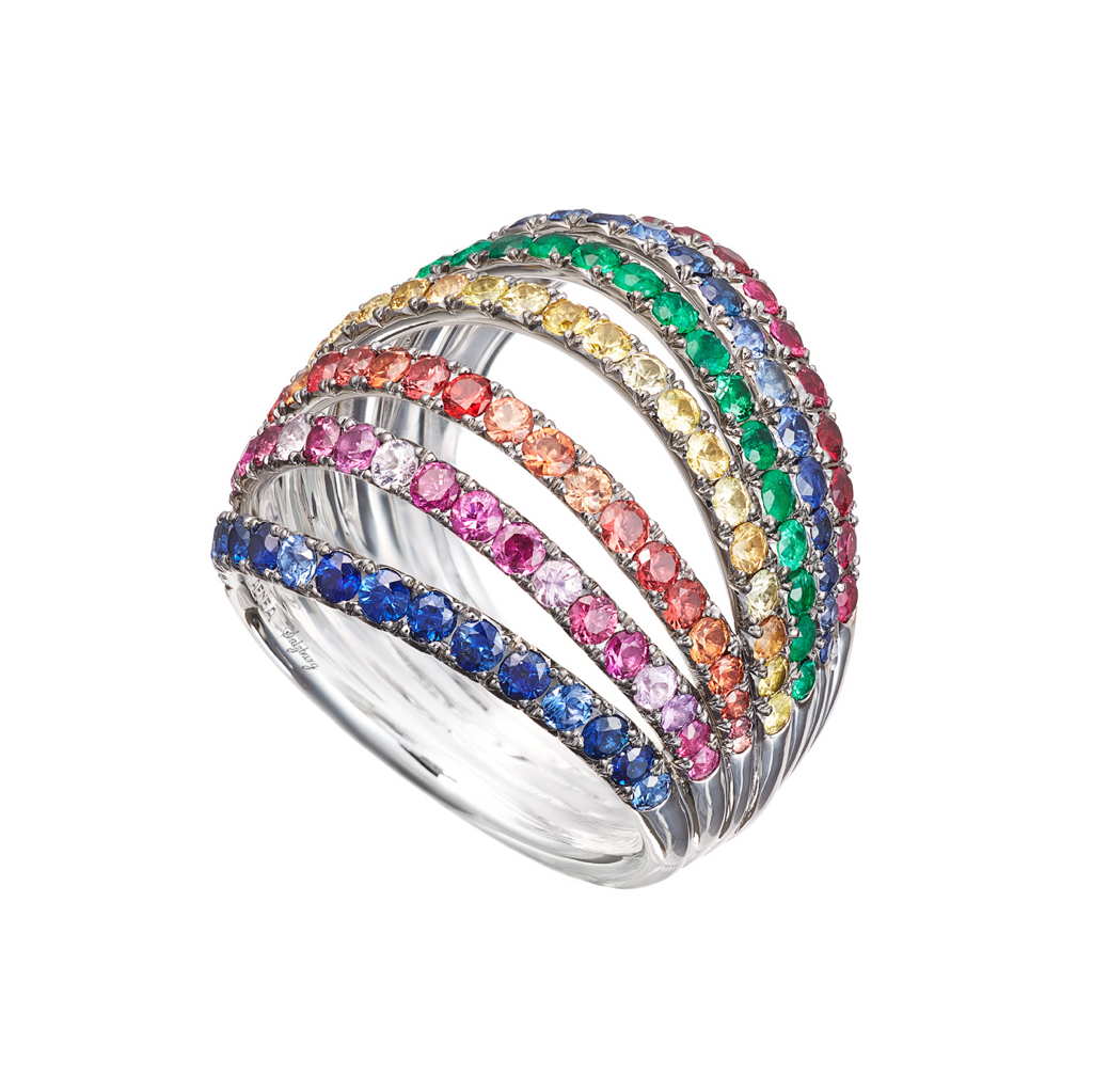 AENEA WAVE Collection Ring White Gold with multicoloured Gemstones 