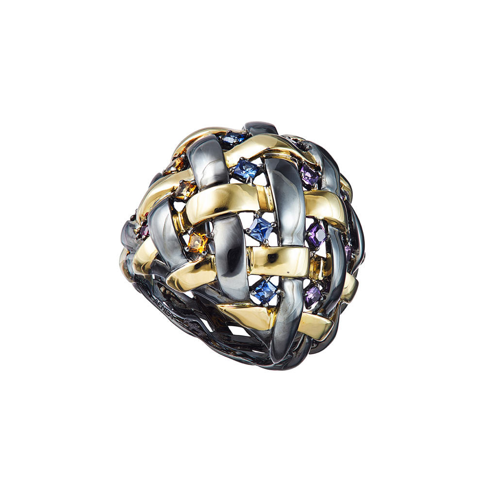 AENEA WEB Collection Ring Yellow Gold , Sterling Silver, Black Rhodium, Pink Sapphires, Blue Sapphires, Rubies, Amethyst and Citrin
