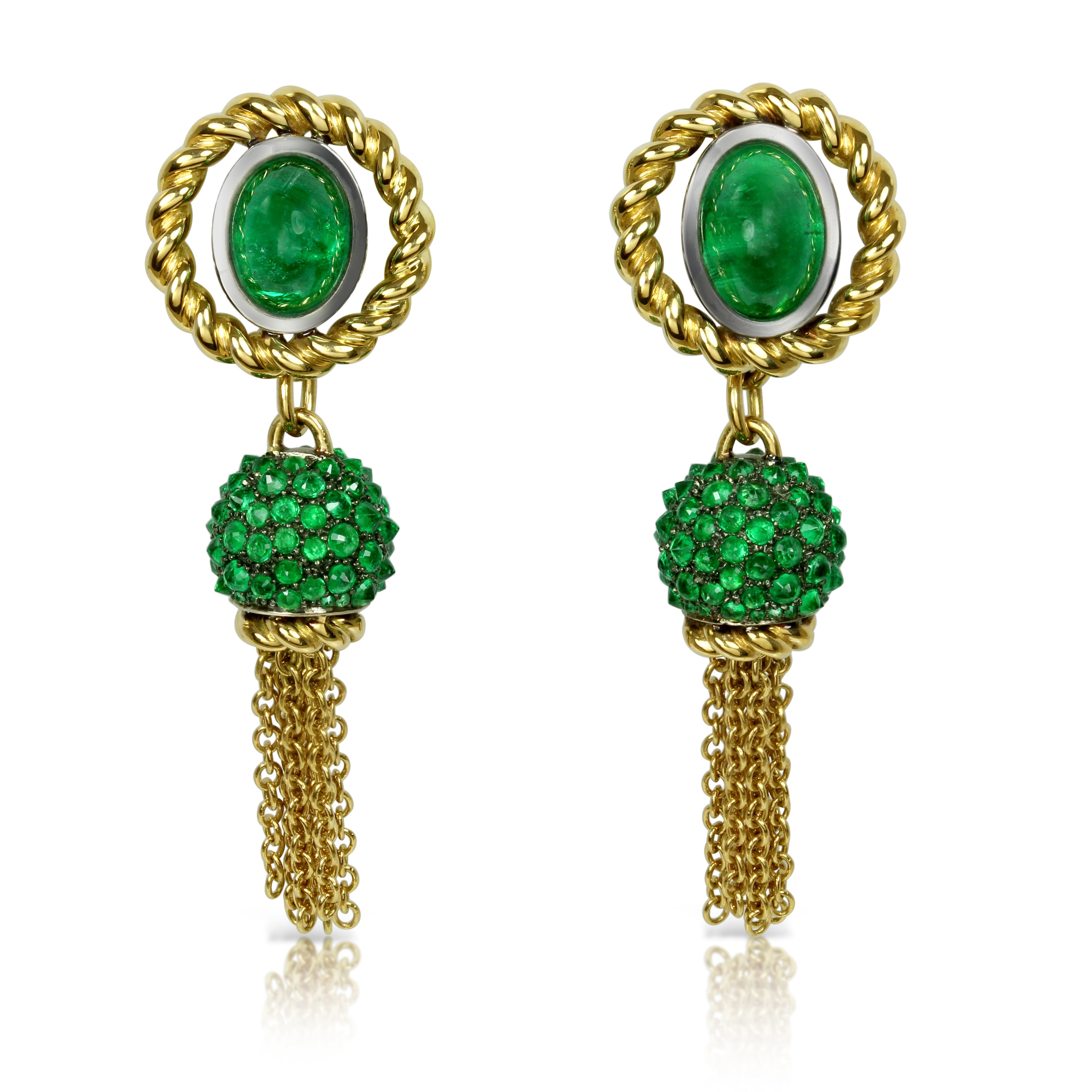 Earrings "Double Helix" Yellow Gold and Rhodium-plated Sterling Silver with Emeralds