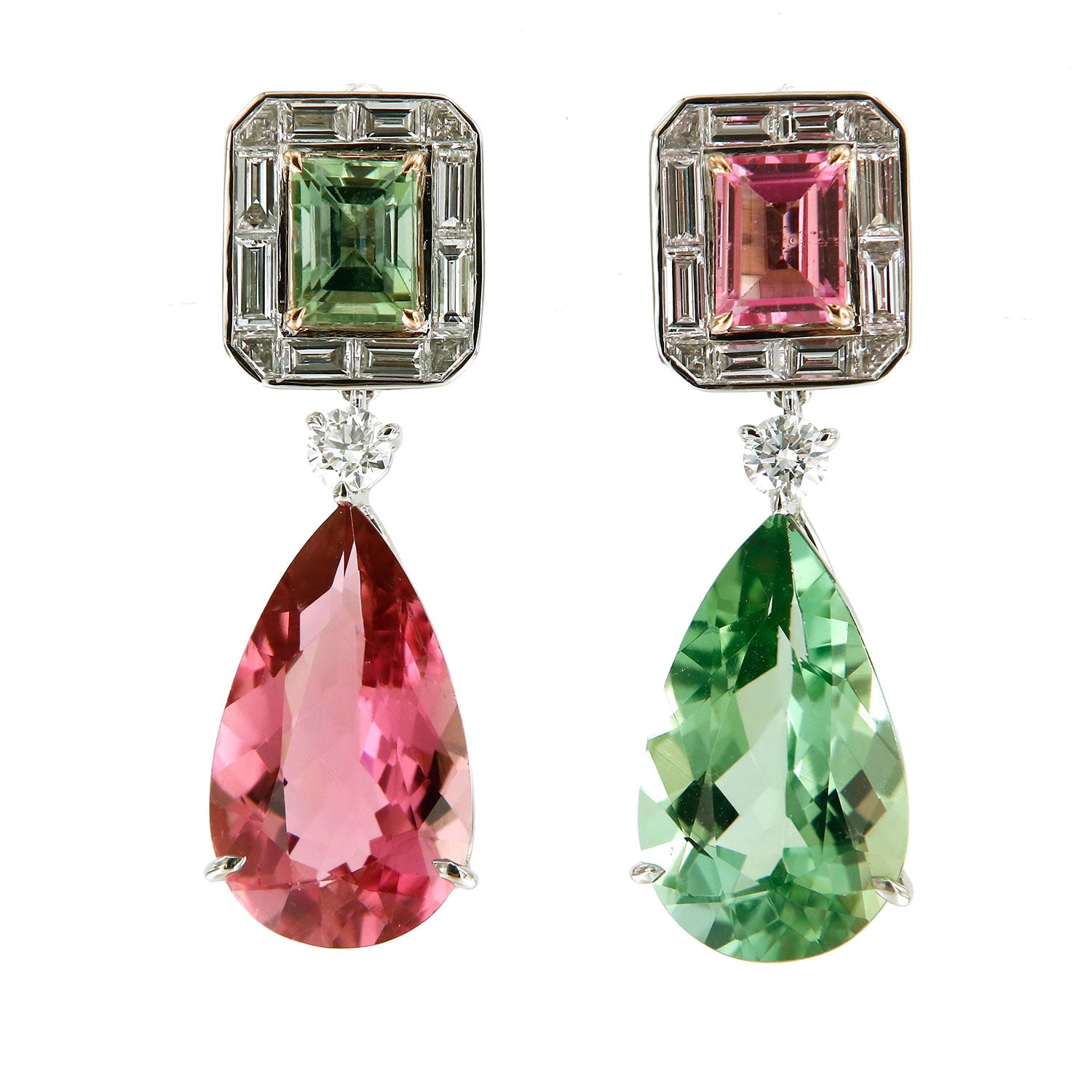 Earrings Platinum Green and Pink Tourmalines White Diamonds