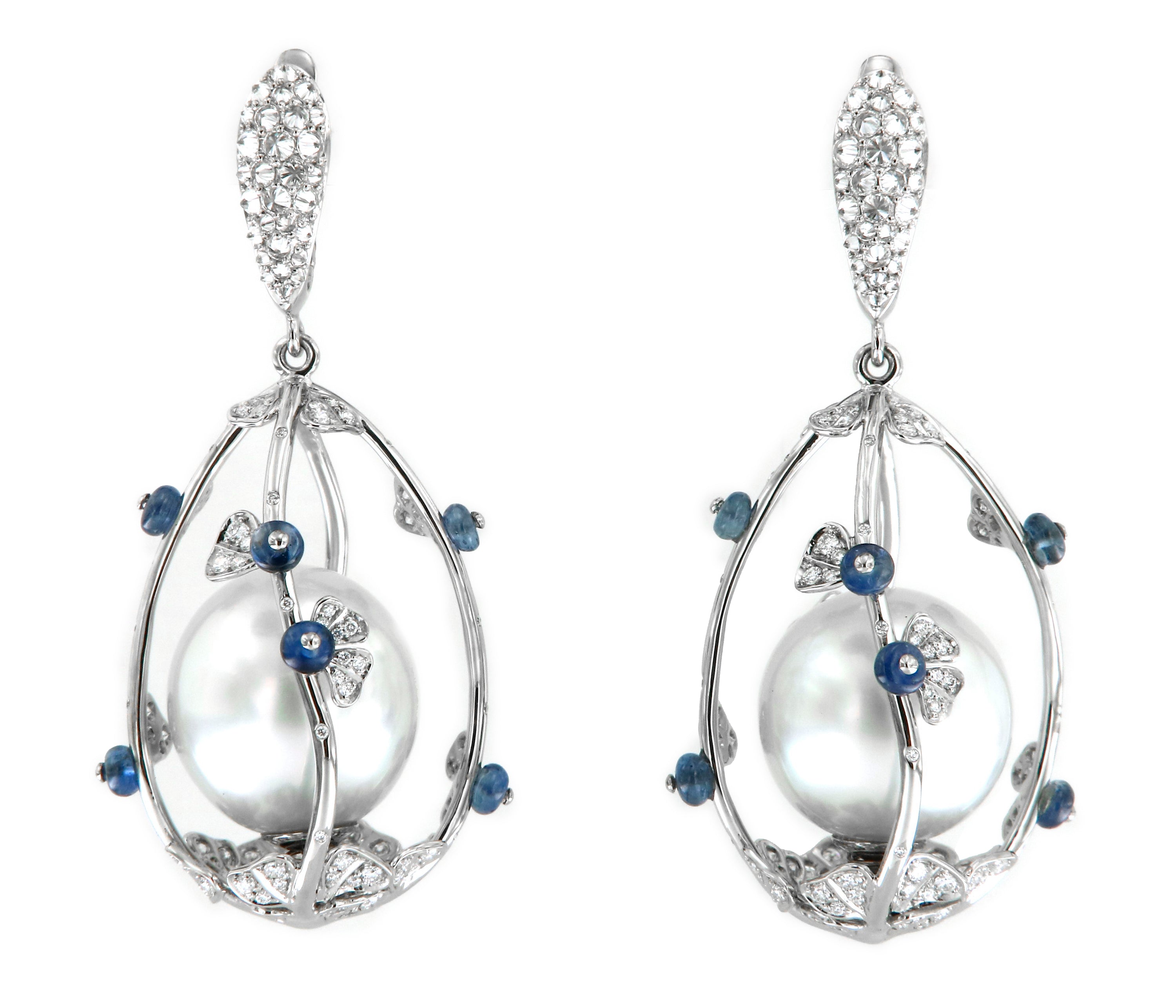 Earrings "Pearlcage" Platinum with Southseapearls, White Diamonds and Blue Sapphires