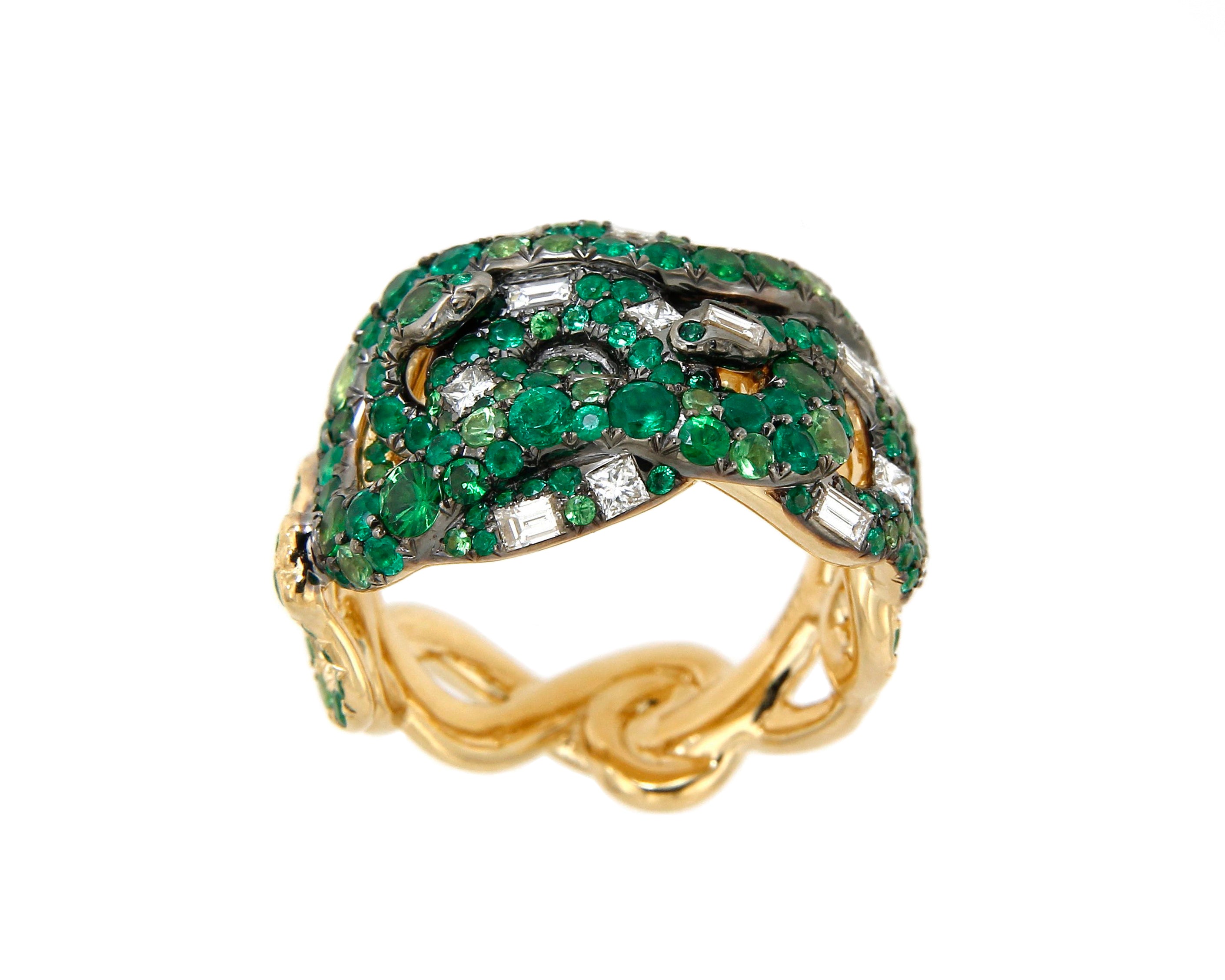 Ring 4 Snakes Emeralds, Tsavorites and White Diamonds