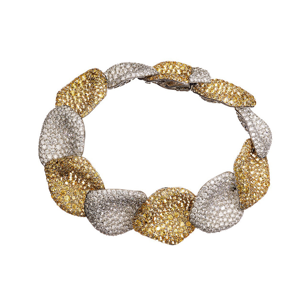 AENEA Foglio di Rosa Collection Bracelet White Gold with White Diamonds and Yellow Sapphires 