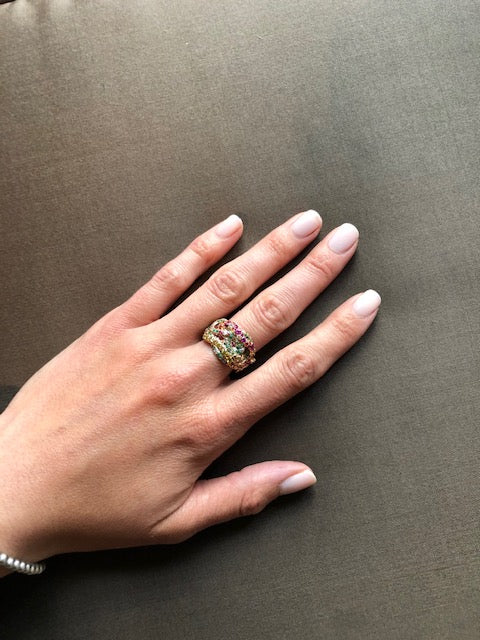 Ring "4 Snakes" Pink Gold with Mulitcolour Stones