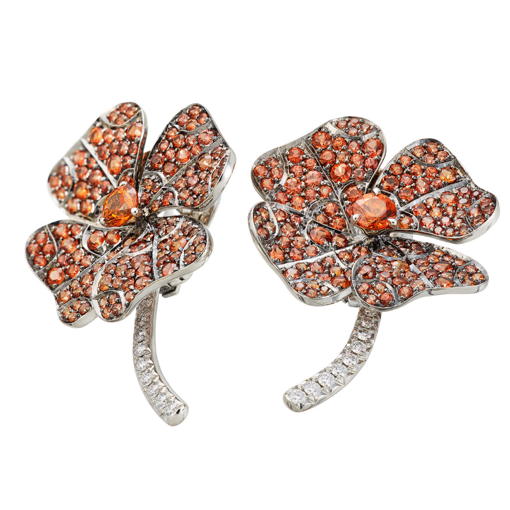 Earrings White Gold with Orange Sapphires and White Diamonds